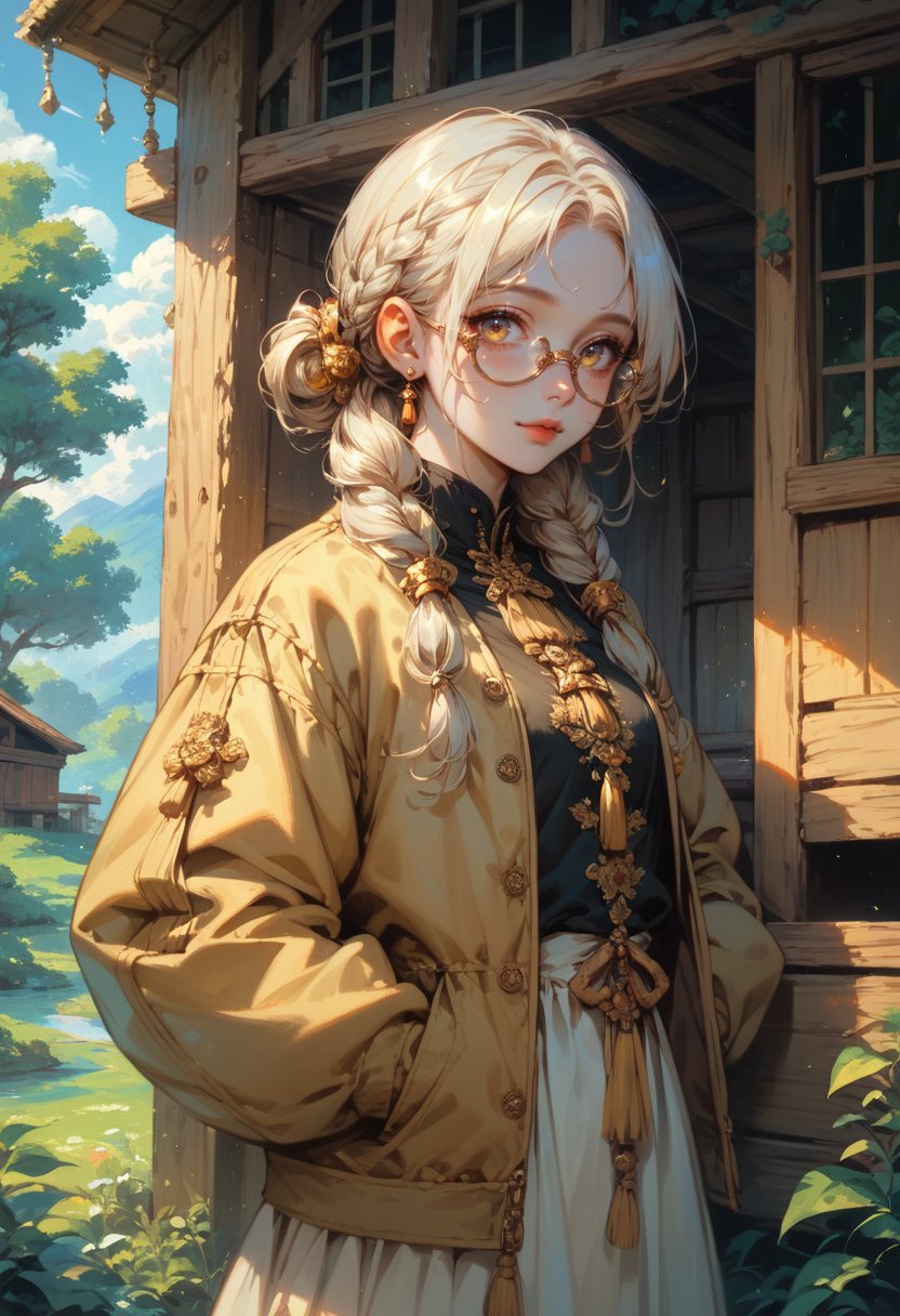 score_9, score_8_up, score_7_up, score_6_up, 1girl, gorgeous girl , kawai girl , cute face , nature's background beauty, Hut Environment, Renaissance Perspective, Glasses Cleaning Cloth Prop, High resolution detail, yellow tassel, padded jacket, box,