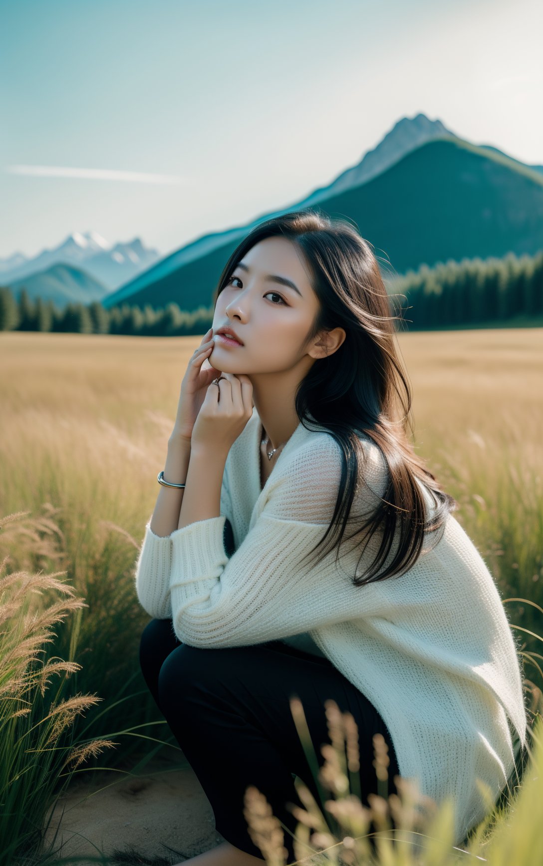 cover art,a woman sitting in a field of tall grass holding her hand to her face with a mountain in the background,1girl,solo,black hair,realistic,long hair,outdoors,field,grass,looking at viewer,jewelry,squatting,lips,hand on own face,day,