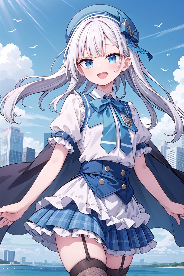 (cleavage:-1.5), insanely detailed, absurdres, ultra-highres, ultra-detailed, best quality,1girl, solo, nice hands, perfect hands,BREAK(gothic drress, Idol costume:1.3), (blue and white theme:1.2), (white blouse:1.4), (white collar, tie:1.3), (open short-cape:1.3), (short sleeve:1.2), (blue tartan-check pattern (ruffle-skirt, multilayer-skirt):1.4), (white basque-beret with ribbon:1.3), (Fishnet stockings:1.3), (glove:1.2), (cleavage:-1.5)BREAKhappy smile, laugh, open mouth,standing,own hands together,cowboy shot,BREAKslender, kawaii, perfect symmetrical face, ultra cute girl, ultra cute face, ultra detailed eyes, ultra detailed hair, ultra cute, ultra beautiful,BREAKcityscape in tokyo, ultra detailed background, blue sky, bay side, panorama view,medium breasts, white hair, blue eyes