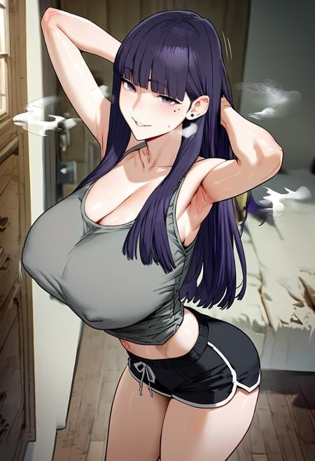 score_9, score_8_up, score_7_up, score_6_up, source_anime, rating_explicit, 1girl, (solo:1.2), huge breasts, <lora:Seong Yunaponyxl:1> long hair, purple hair, blunt bangs, purple eyes, mole under eye, black hair, grey tank top, cleavage, midriff, navel, black shorts, short shorts, dolphin shorts, smile, half-closed eyes, parted lips, Narrow shoulders, heavy breathing, steaming body, dining room, indoors, looking at viewer, arms behind head, armpits close-up