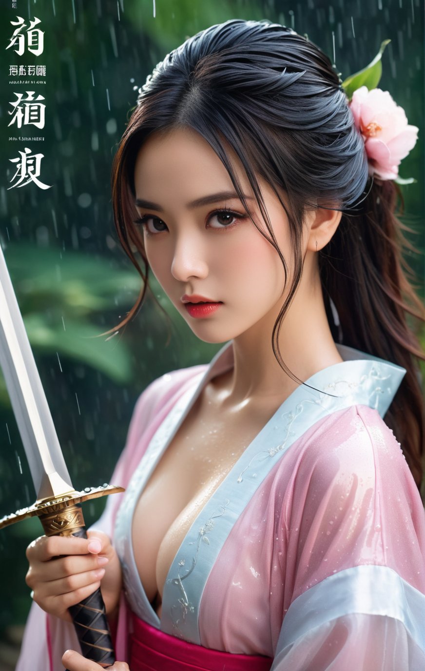 18 y.o beautiful girl and monster,transparent hanfu,masterpiece,best quality,eyes close-up,from_above,best fingers,facing viewer,magnificent,celestial,ethereal,painterly,epic,majestic,magical,fantasy art,cover art,dreamy,elegant,cinematic,background illuminated,rich deep colors,ambient dramatic atmosphere,creative,perfect,beautiful composition,intricate,detailed,ink and wash,soft backlight,traditional chinese characters,magazine cover,pink long upper shan,heavy rain,exaggerated dynamic posture,wet clothes,glaring,angry,wet_hair,(wet body:1.3),(take the sword:1.4),battle posture,cleavage,sexy,magazine cover,