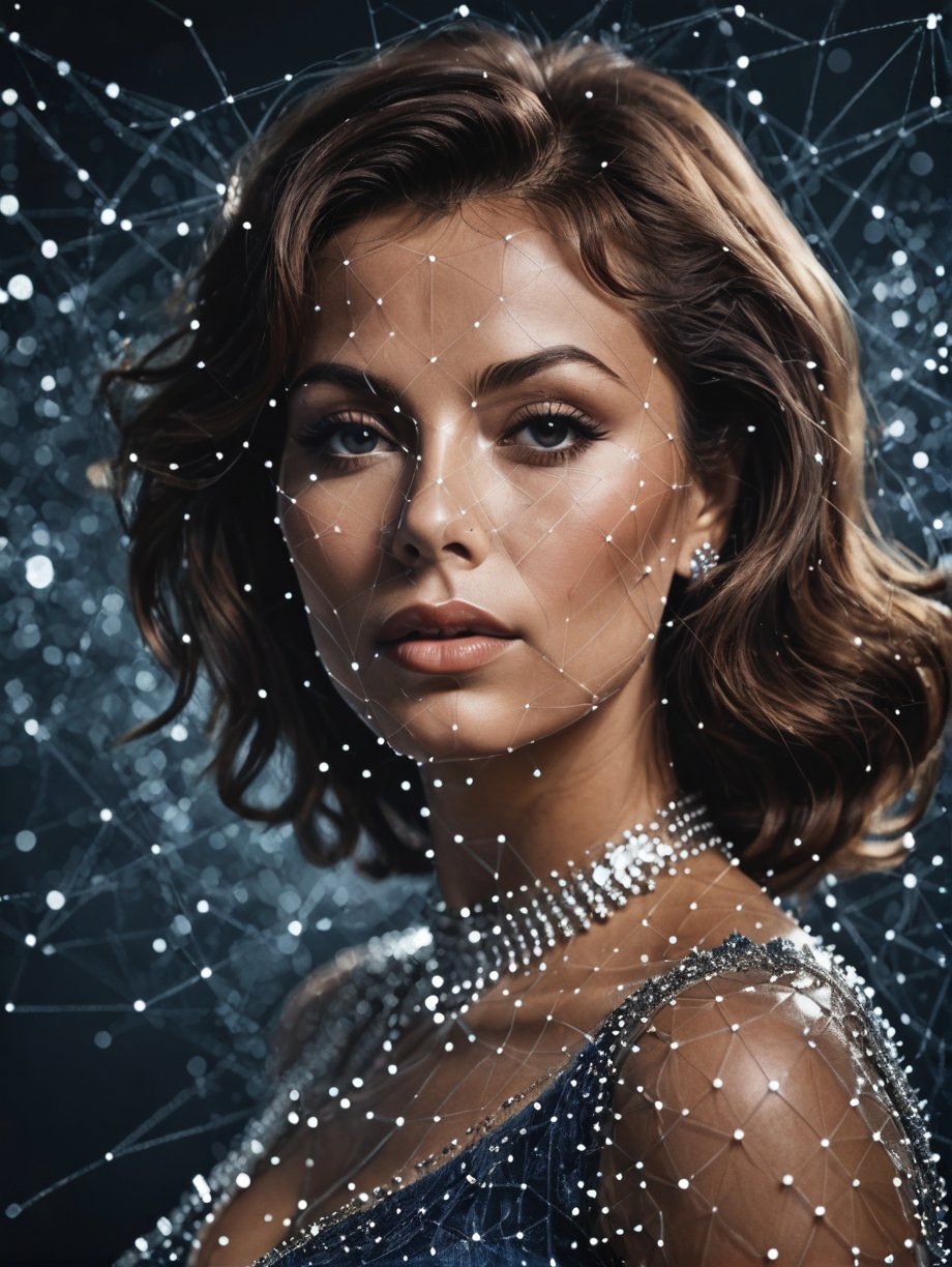 dataviz style, the silhouette of a young sofia loren rendered as a mesh grid, datapoints, sparkles, blue tones, stars  <lora:dataviz_style_xl_v1:1>