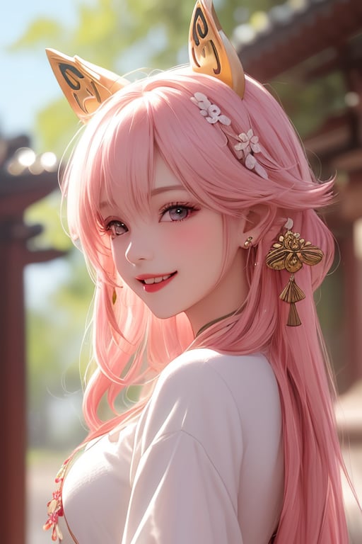 ba shen zi,1girl,solo,long hair,pink hair,animal ears,purple eyes,hair between eyes,bare shoulders,fox ears,jewelry,bangs,blurry background,upper body,earrings,blurry,looking back,japanese clothes,hand up,blush,breasts,bangs,hair ornament,blurry,paper lantern,closed mouth,looking back,blurry,cheerful demeanor,radiant smile,bright personality,warm-hearted nature,optimistic outlook,vibrant energy,sun-kissed complexion,joyful laughter,free-spirited,carefree attitude,(outgoing nature:1.2),uplifting presence,playful spirit,(positive vibes:1.2),(lively enthusiasm:1.1),(beaming with happiness:1.3),(natural beauty:1.2),(sunshine in her eyes:1.1),(infectious laughter:1.3),<lora:aki-000002:0.5>,