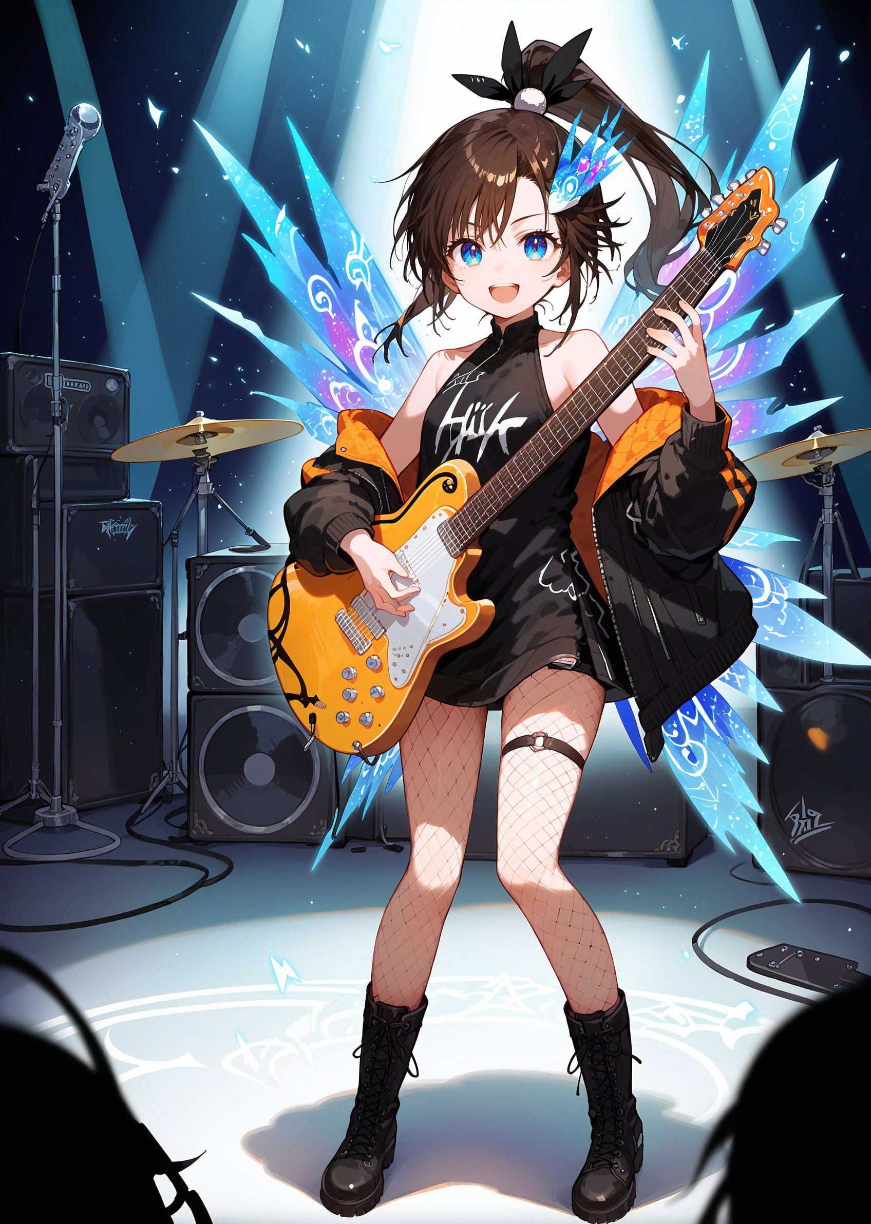 (score_9, score_8_up, score_7_up), BREAK source_anime, 1girl, solo, rirei \(fairy chord\), rirei \(fairy wings\), rirei \(hair ornament\), rirei \(rock clothes\), ponytail, smile, open mouth, black shirt, black jacket, open jacket, bare shoulders, fishnets, boots, holding, holding instrument, guitar, looking at viewer, standing, full body, stage, neon trim,  <lora:rirei_pony_ver1:0.7>