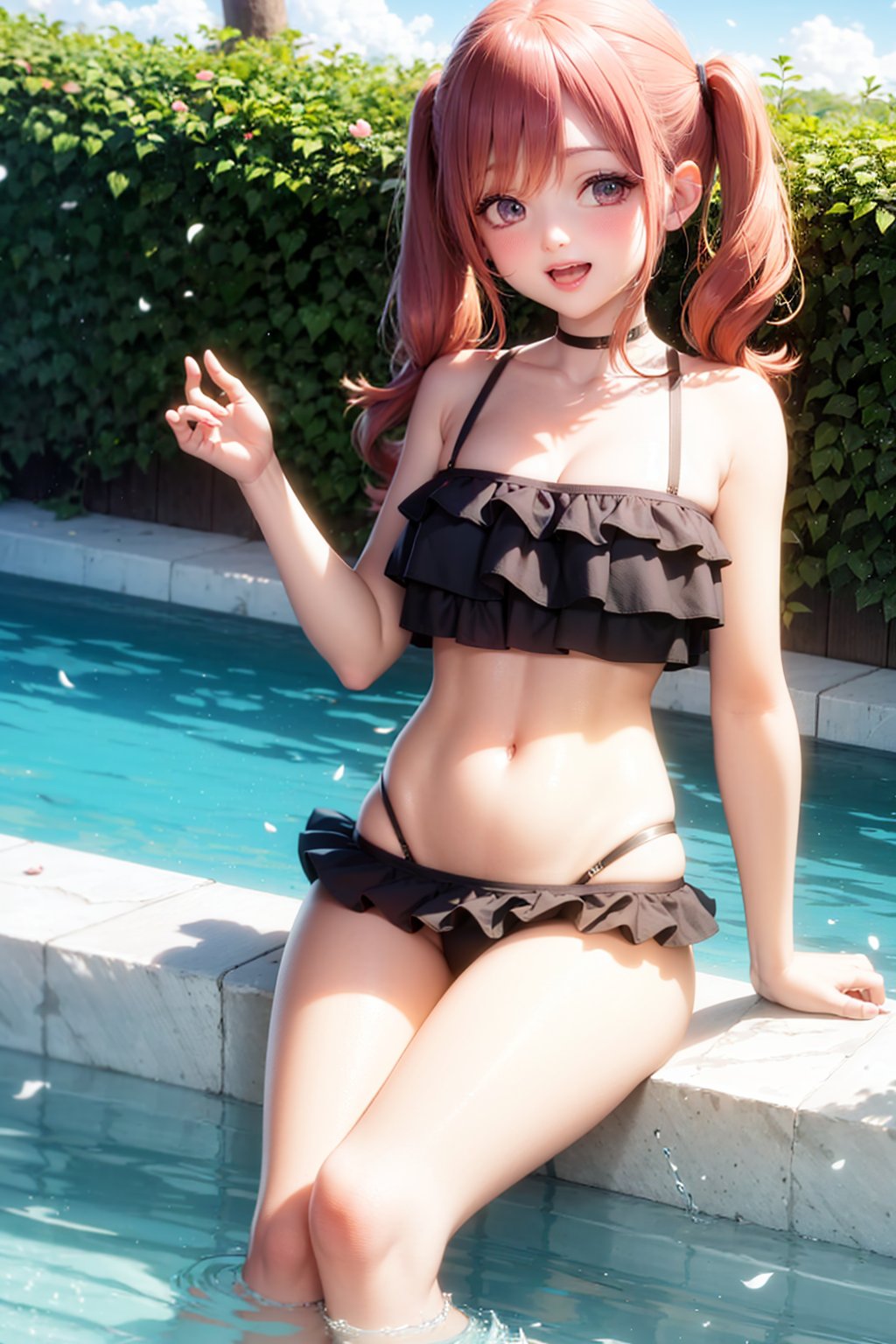 1girl, swimsuit, solo, long hair, bikini, pink hair, wading pool, hair ornament, smile, navel, twintails, water, very long hair, hairband, open mouth, collarbone, low twintails, frills, bangs, looking at viewer, blush, pink bikini, :d, bare shoulders, frilled bikini, hair between eyes, bare arms, petals, scrunchie, sitting, pink eyes, breasts, masterpiece, best quality,