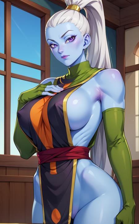 score_9, score_8_up, score_7_up, BREAK,   <lora:vados:1> VadosSDXL, 1girl, solo, long hair, breasts, looking at viewer, large breasts, room background, gloves, bare shoulders, very long hair, purple eyes, ponytail, white hair, elbow gloves, covered nipples, lips, sash, sideboob, makeup, no panties, colored skin, high ponytail, hand on own chest, tabard, blue skin, hair pulled back, green gloves, cowboy shot,