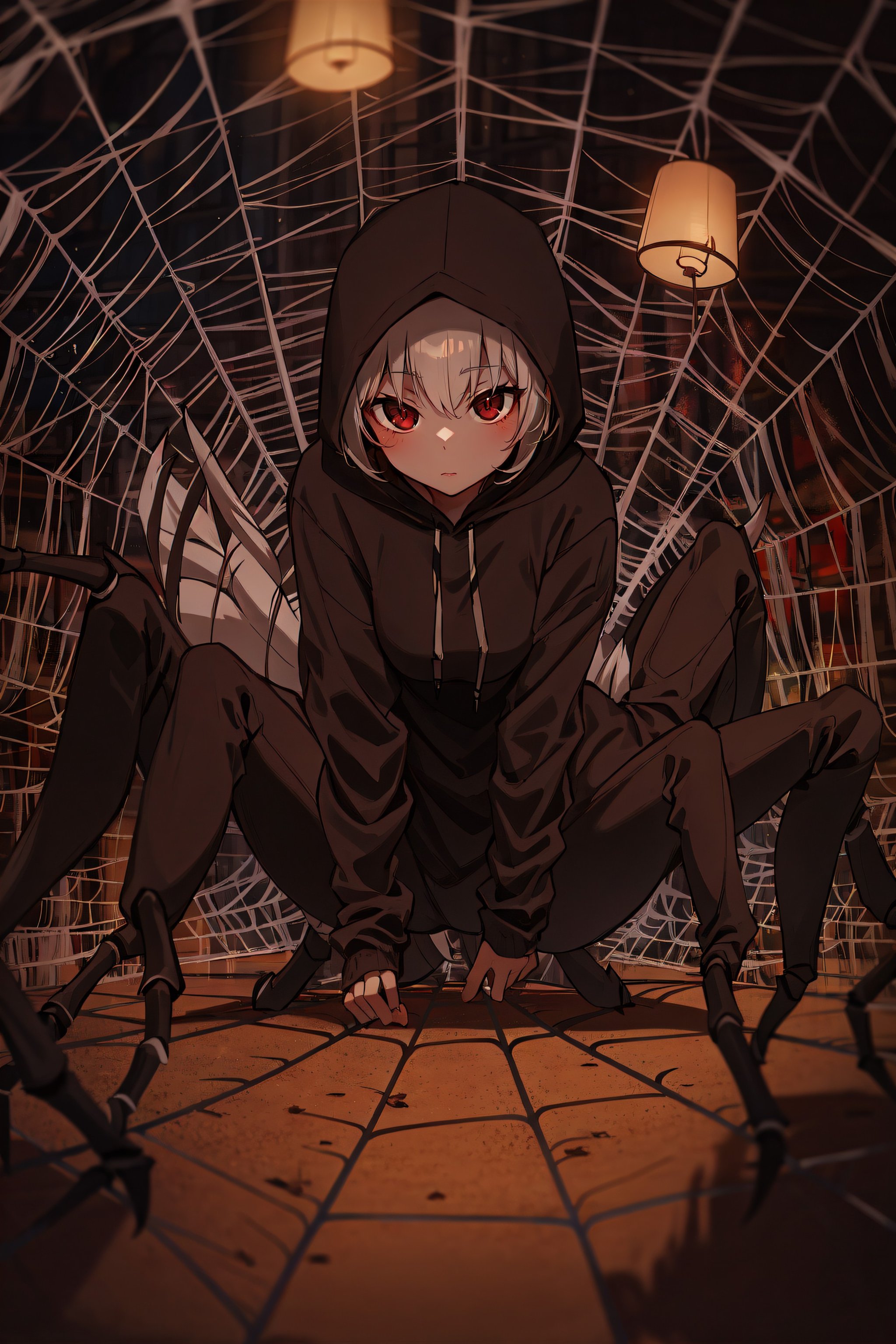 1girl, arachne, cabin, (spider web), hoodie, full body, Original Character, Volumetric Lighting, Best Shadows, Shallow Depth of Field, Stunningly Beautiful Girl, Delicate Beautiful Attractive