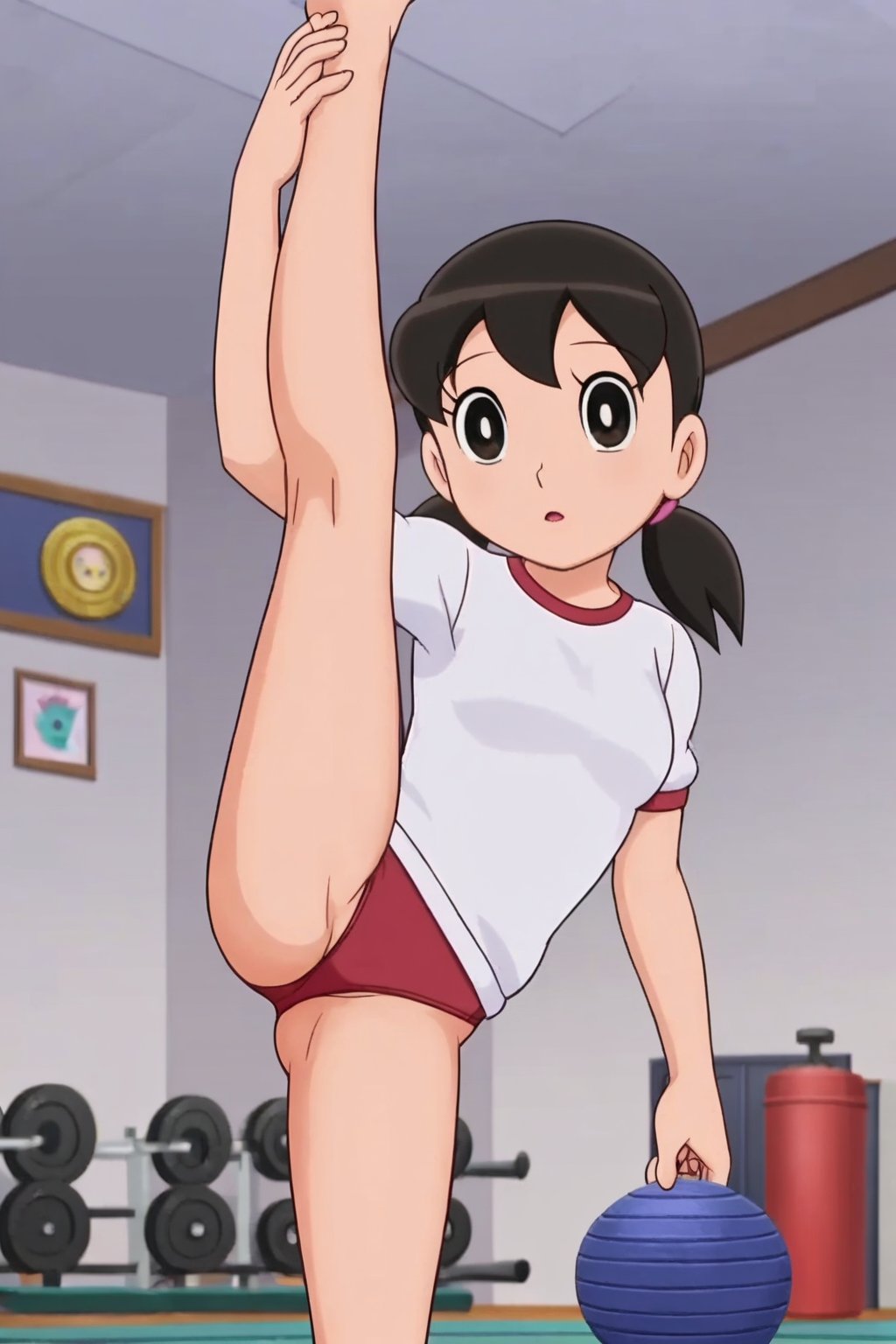 minamoto shizuka, low twintails, 1girl, solo, gym uniform, gym, standing split, looking at viewer,cowboy shot,leg up,masterpiece, perfect face, best quality, beautiful eyes, shiny eyes, anime coloring, anime screencap, absurdres, award winning, <lora:minamoto shizuka nova 906:0.8>