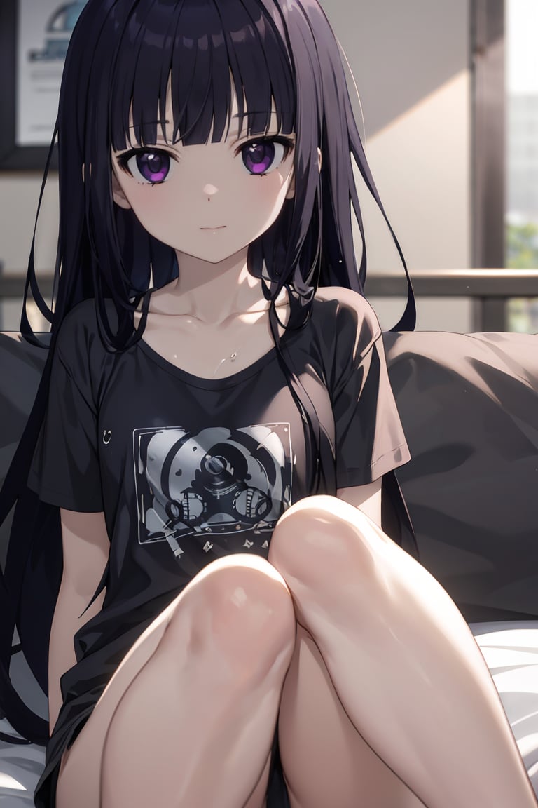 masterpiece, best quality, ultra-detailed, glistening shiny, glowing light, ray tracing, HDR, deph of field, (perfect face, detailed face),  <lora:ShirakiinRirichiyo:0.7>, ririchiyo, black hair, long hair, flat chest, t-shirt, bare legs