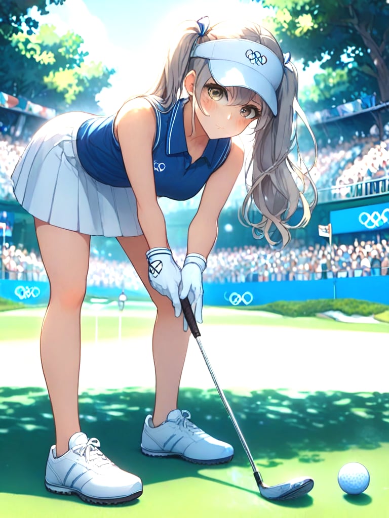 source_anime, playing golf, golf course, holding golf club, golf ball, full body, 1girl, leaning forward, olympic rings, gloves, visor cap, polo shirt, sleeveless, skirt, shoes, grey hair, blonde hair, golden hair, twintails, ribbon, big tits, outdoors, <lora:girllikeplayinggolf_pony:1>