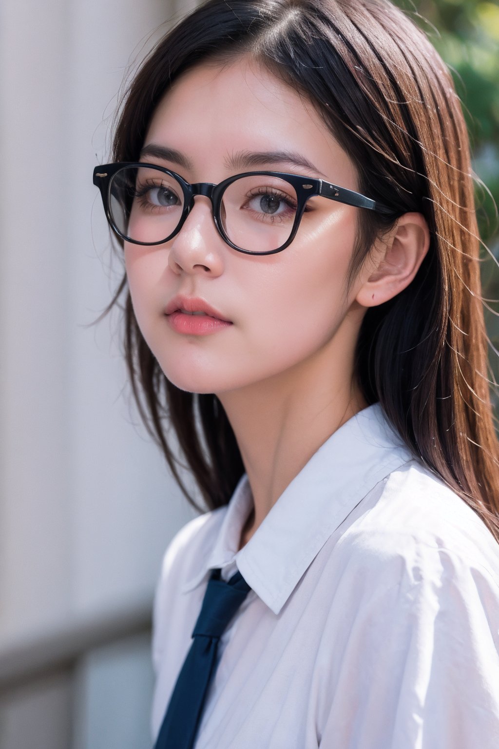 1girl, solo, white shirt, portrait, glasses, (from side)