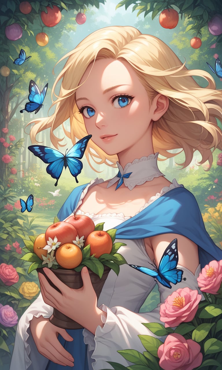 score_9, score_8_up, score_7_up, score_6_up, score_5_up, score_4_up, source_anime, BREAK, portrait, 1girl, solo, blonde hair, blue eyes, masterpiece, best quality, ultra-detailed, floating, beautiful detailed eyes, detailed light, fruits, flowers, colorful, garden, colorful background, forest, bird, butterfly