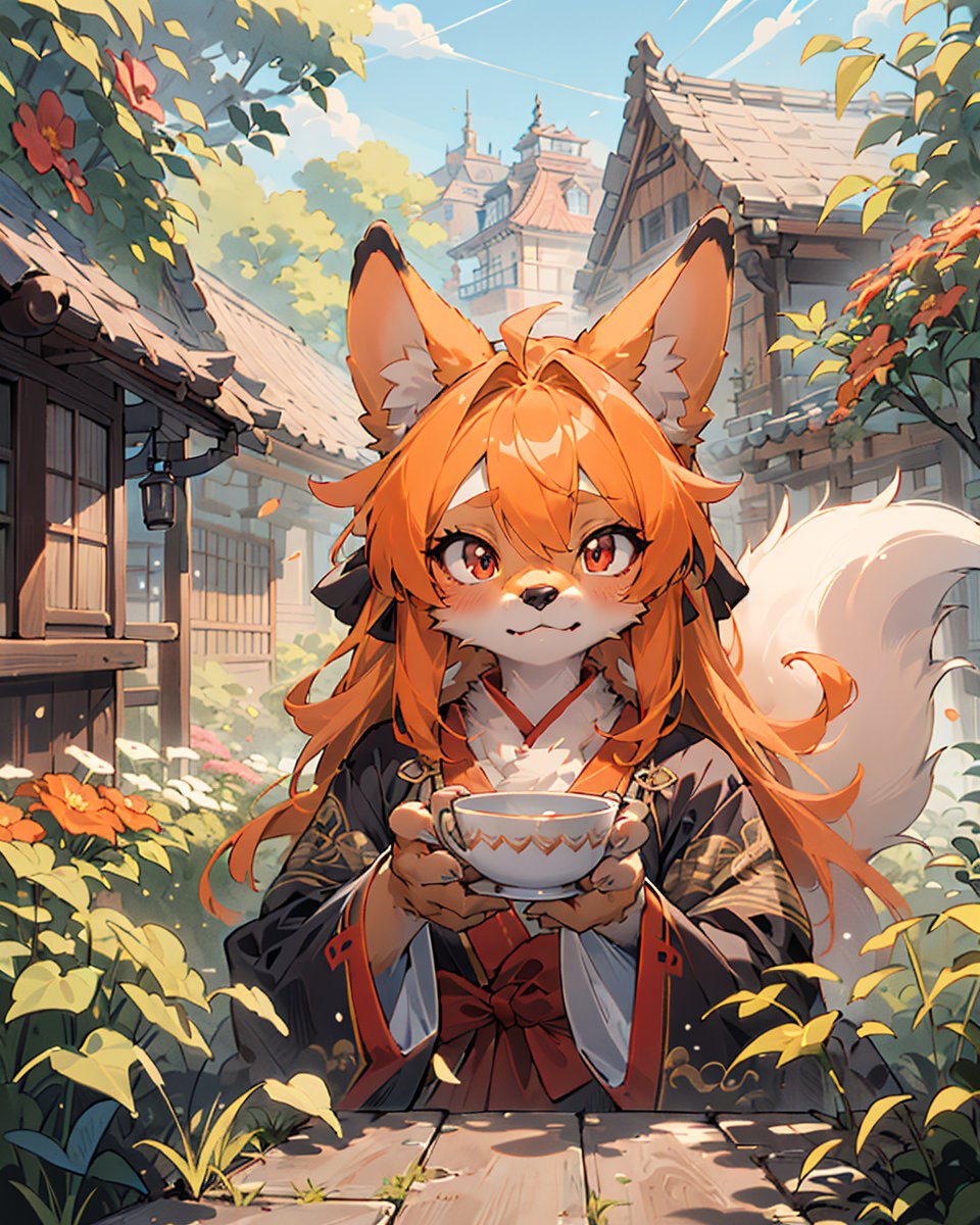 best hands,best quality,(masterpiece,ultra detailed 8k art), (illustration),tea time,Fluffy,Anime style, (anthro, 1 girl,furry girl,drooping ears dog),out door, chinese clothes,orange long hair, (orange drooping ears),(drooping ears:1.2), orange tail, red eyes,flower garden