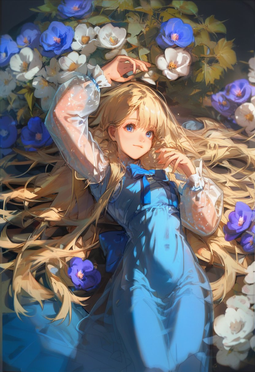 score_9, score_8_up, score_7_up, score_6_up, <lora:REDUMXL_P6_lokr_V53P1:0.95>   1girl, long hair, solo, blue eyes, dress, holding, lying, on back, long sleeves, looking at viewer, blonde hair, flower, black background, very long hair, bangs, see-through, bow, blue dress, puffy sleeves, bubble, puffy long sleeves, blue bow, closed mouth