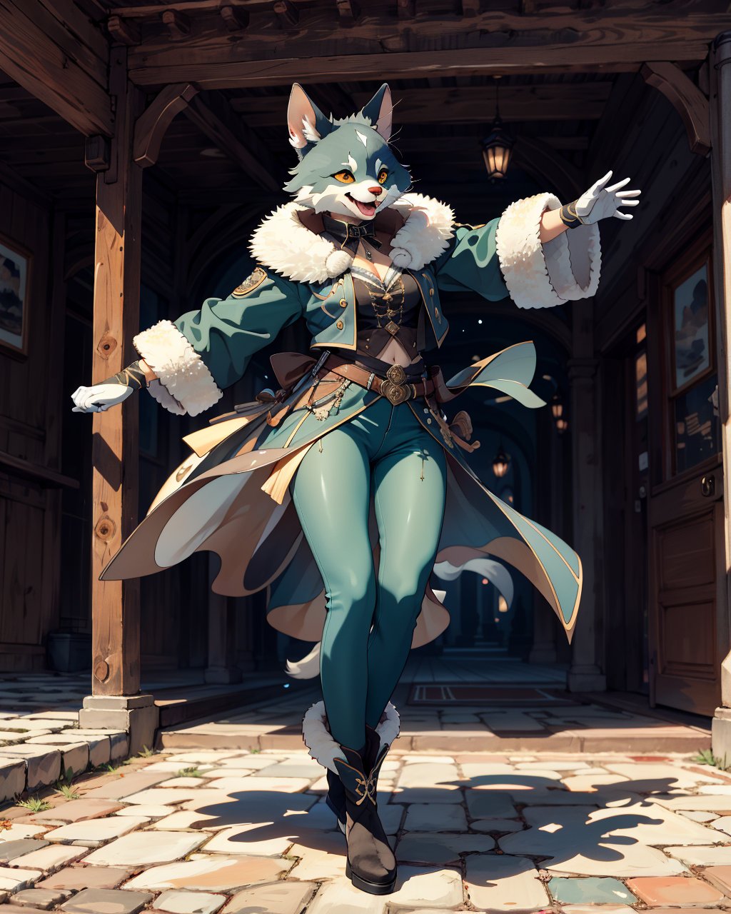 best quality,masterpiece,highly detailed,ultra-detailed,a furry dancing happy,fur pants,paw gloves, fur boots <lora:neg9V2_last:0.5>   <lora:furrytale:1>  