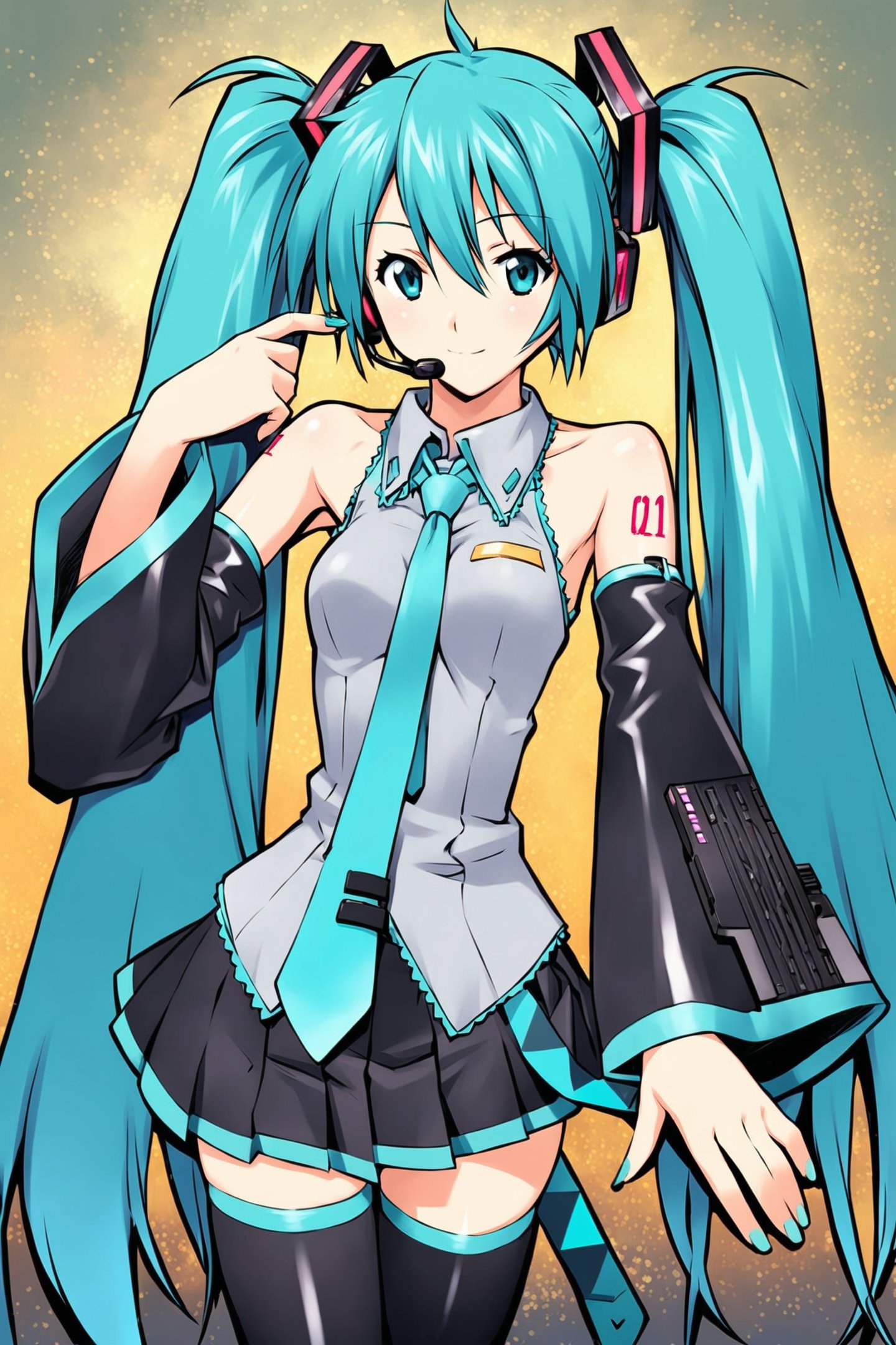 1girl,long hair,solo,hatsune miku,thighhighs,twintails,skirt,detached sleeves,very long hair,necktie,smile,aqua eyes,aqua hair,tattoo,shirt,black thighhighs,sleeveless,zettai ryouiki,black skirt,looking at viewer,headset,sleeveless shirt,hair ornament,pleated skirt,bare shoulders,aqua necktie,headphones,shoulder tattoo,white shirt,standing,black sleeves,miniskirt,<lora:Sadamoto Yoshiyuki_XL_kohaku:0.8>,