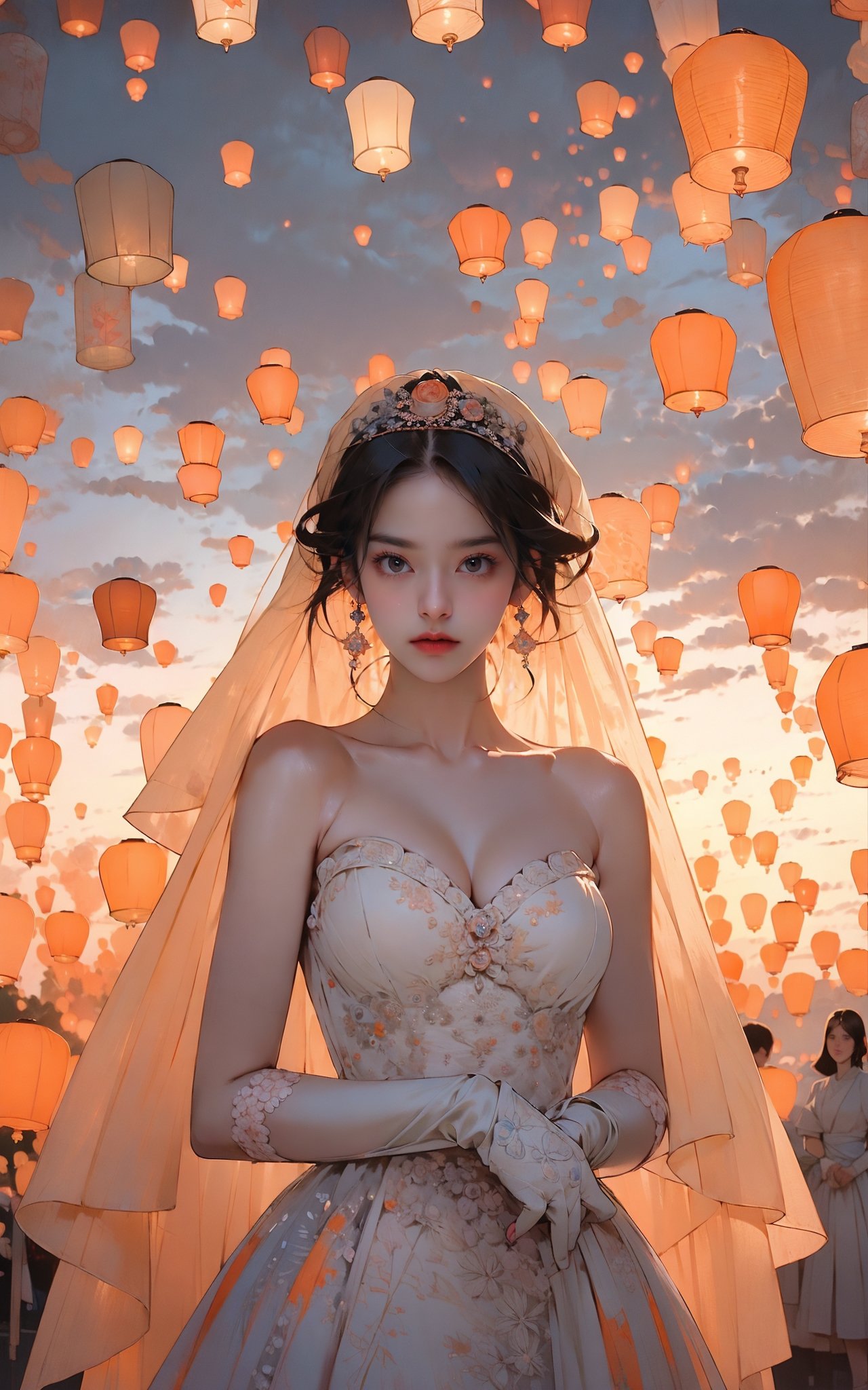 sky lantern，masterpiece, best quality, 32k uhd, insane details, intricate details, hyperdetailed, hyper quality, high detail, ultra detailed, Masterpiece, (Real water，Realistic water，flowing water:1.1)，ripples，(tangerine sky:1.4),(Wedding dress, veil, gown gloves, gloves:1.4),A whimsical sight of paper lanterns floating against the twilight sky, captured in a wide view by Tim Walker.    The lanterns cast a warm glow, creating a dreamlike tableau that melds tradition with beauty, i can't believe how beautiful this is, dream-like atmosphere，<lora:绪儿-孔明灯 sky lantern:0.8>