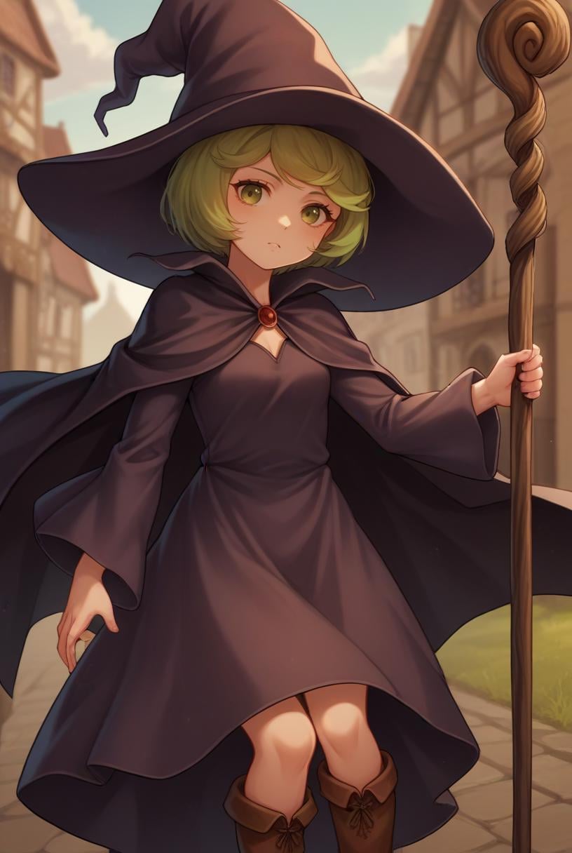 score_9, score_8_up, source_anime, looking at viewer, solo,<lora:ShierkePdxlDwnsty:0.8>, green hair, short hair, witch hat, staff, cape, dress,  robe, long sleeves, boots, brown footwear, brooch,small breasts, medieval, outdoors, village, 