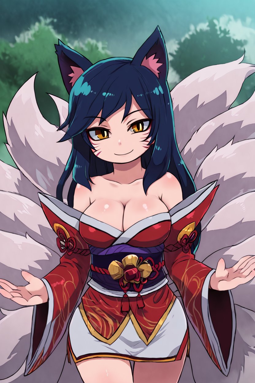 <lora:Zankuro_Style_Pony:0.8>, ((masterpiece,best quality)), absurdres,   ahri (league_of_legends), facial mark, multiple tails, fox tails, korean clothes, cleavage, bare shoulders, detached sleeves, outdoors, standing, cowboy shot, smile,