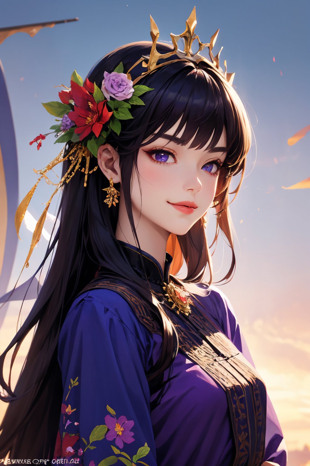 (masterpiece, best quality), intricate details, beautiful girl, purple hair, blunt bangs, light purple eyes, sharp jawline, Fairy queen crowns with cascading flowers, long hair, lips, upper body, smirk