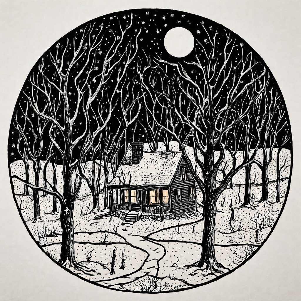 <lora:MinTattooXL-000034:1>, drawing of a minimalist landscape tattoo, outdoors, sky, window, night, scenery, snow, forest, house, crescent moon, bare tree, circle, chimney, smoke