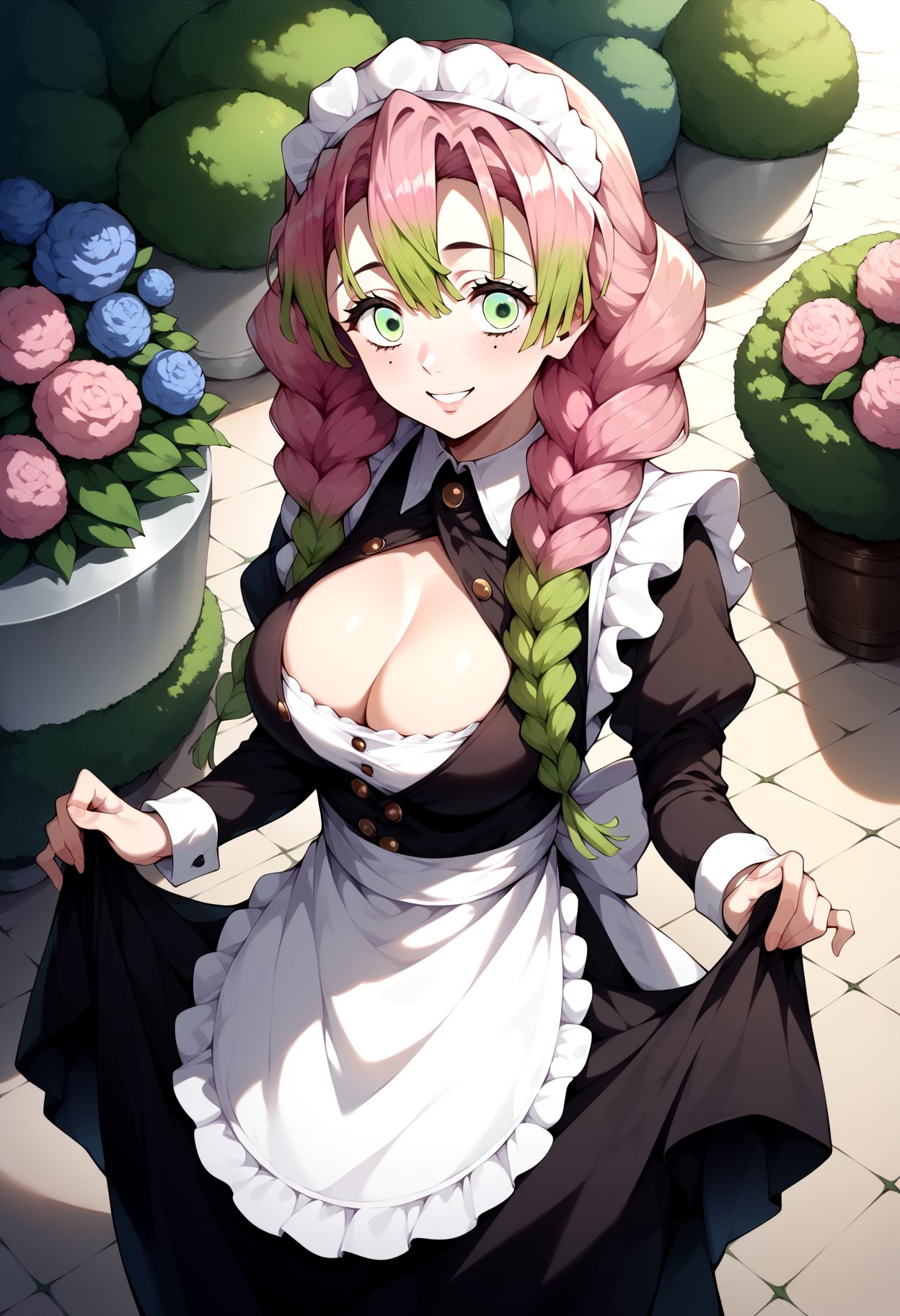 score_9, score_8_up, score_7_up, source_anime, aamitsuri, long hair, braid, multicolored hair, green eyes, mole under eye, large breasts, <lora:kanroji_mitsuri_ponyxl_v1:0.8>, maid, maid headdress, apron, black dress, skirt hold, smile, garden, standing,