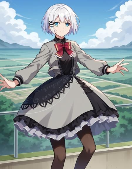 score_9, score_8_up, score_7_up, source_anime,siesta, <lora:siesta-ponyxl-lora-nochekaiser:1>,siesta, short hair, bangs, blue eyes, hair ornament, white hair, hairclip, smile,dress, bow, bowtie, red bow, red bowtie, shirt, long sleeves, jacket, pantyhose, frills, shoes, grey jacket, open clothes, black shirt,outdoors, cityscape,looking at viewer, cowboy shot, dynamic pose,