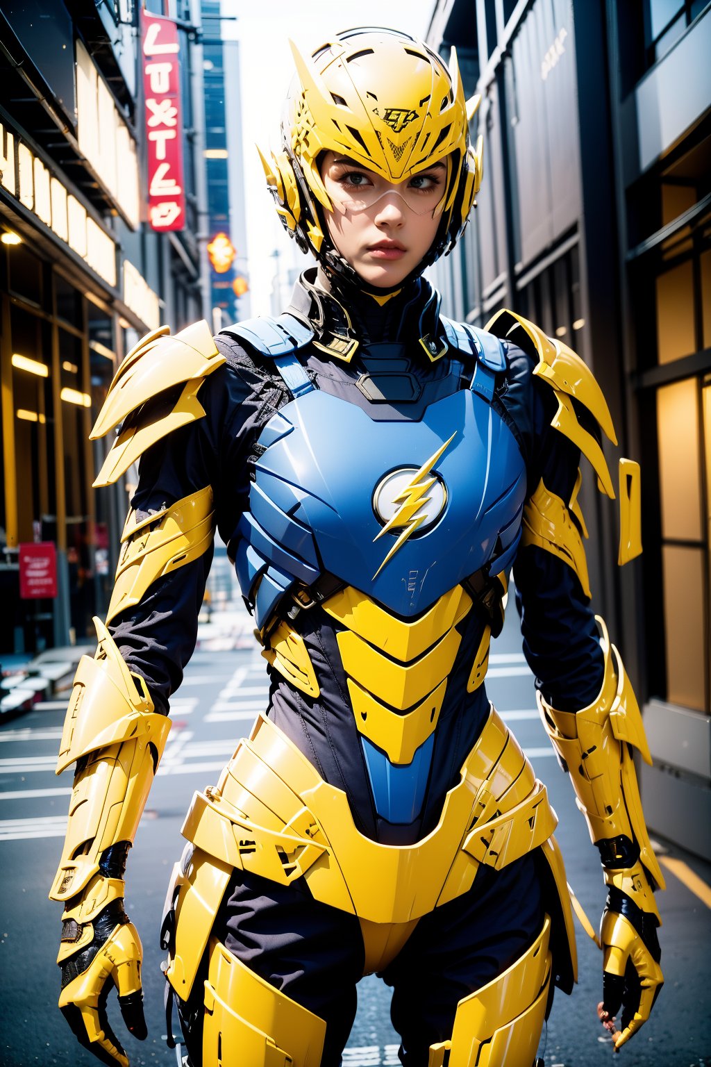 1girl,blue armor,outdoors,future street,flash