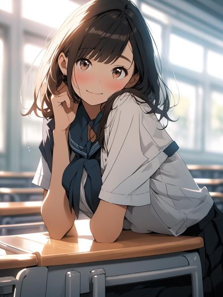 <lora:nijipretty_20230624235607:1.2>,1girl, solo, skirt, indoors, desk, looking at viewer, shirt, window, short sleeves, school desk, brown hair, classroom, brown eyes, school uniform, white shirt, pleated skirt, bangs, black skirt, short hair, chair, closed mouth, school chair, blush, blurry, from side, blurry background, curtains, breasts, looking to the side, backlighting, letterboxed, sitting