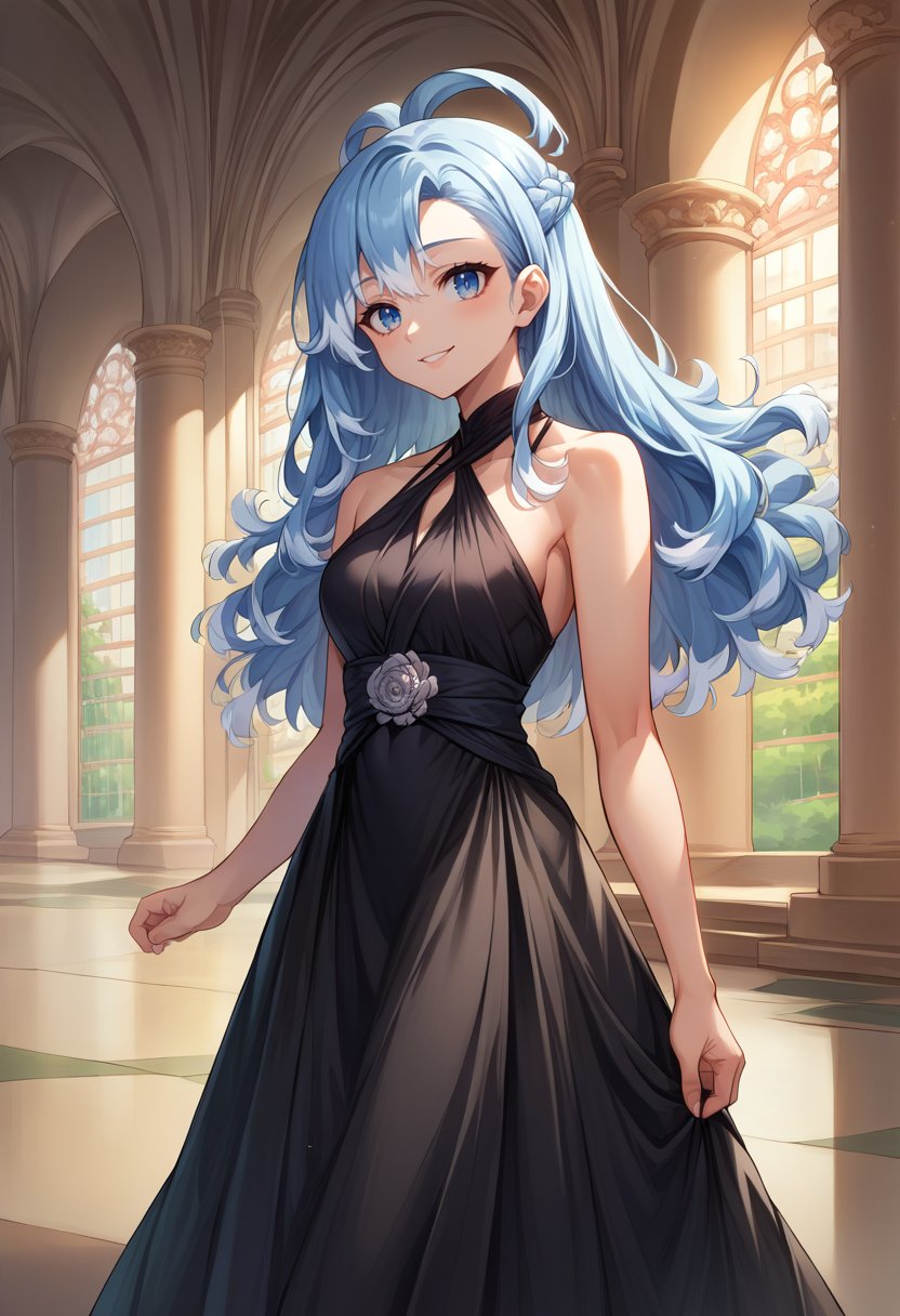 score_9, score_8_up, source_anime, 1girl, solo, KoboKanaeru, blue eyes, long hair, blue hair, colored tips, white hair, elegant, long dress, black dress, halterneck, smile, indoors, palace, jewelry, standing, <lora:Char-KoboKanaeruPonyXL:1>