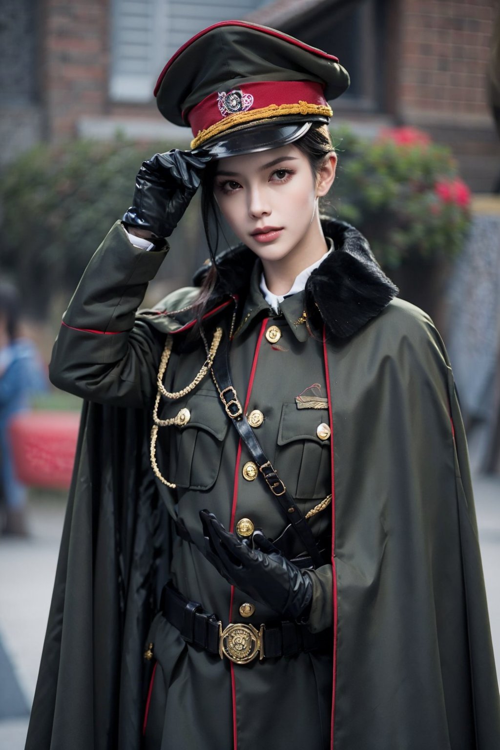 1girl, blurry, blurry_background, depth_of_field, gloves, gun, hat, photo_\(medium\), realistic, solo, uniform, weapon, black_hair, long_sleeves, upper_body,black_gloves, cape, military, black_headwear, military_uniform, peaked_cap, military_hat, junfa, outfit<lora:junfa:1>