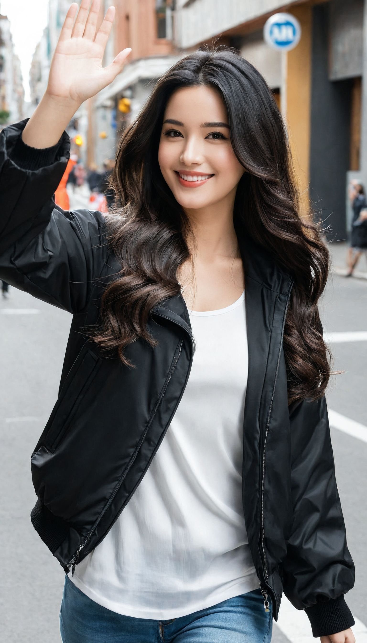 1girl, black hair, wavy hair, smile, lips, long hair, jacket, looking at viewer, waving, street, city, walking,