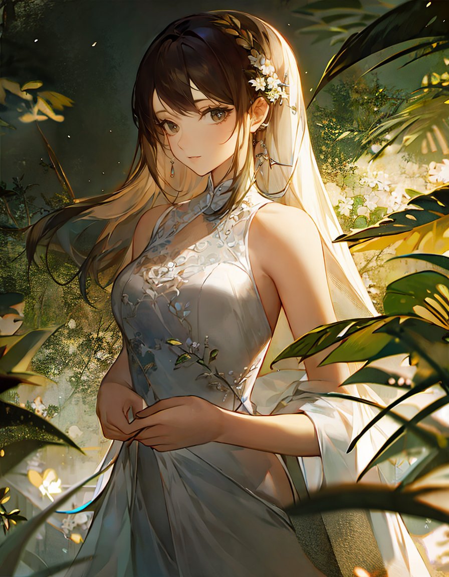 (masterpiece, best quality,top quality),1girl,looking_at_viewer,white dress,plant,chinese,Tindal effect,particle effects,impressionist art,portrait,