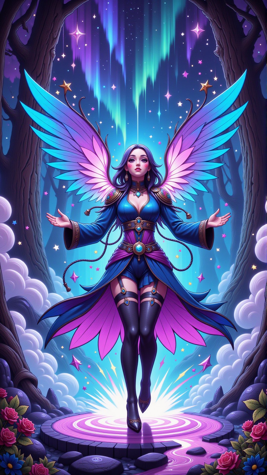 A neon-wreathed Starweaver dances atop a kaleidoscope-colored mistfall, her iridescent wings beating in rhythm with the pulsing aurora as she orchestrates a symphony of stardust and moonbeams.