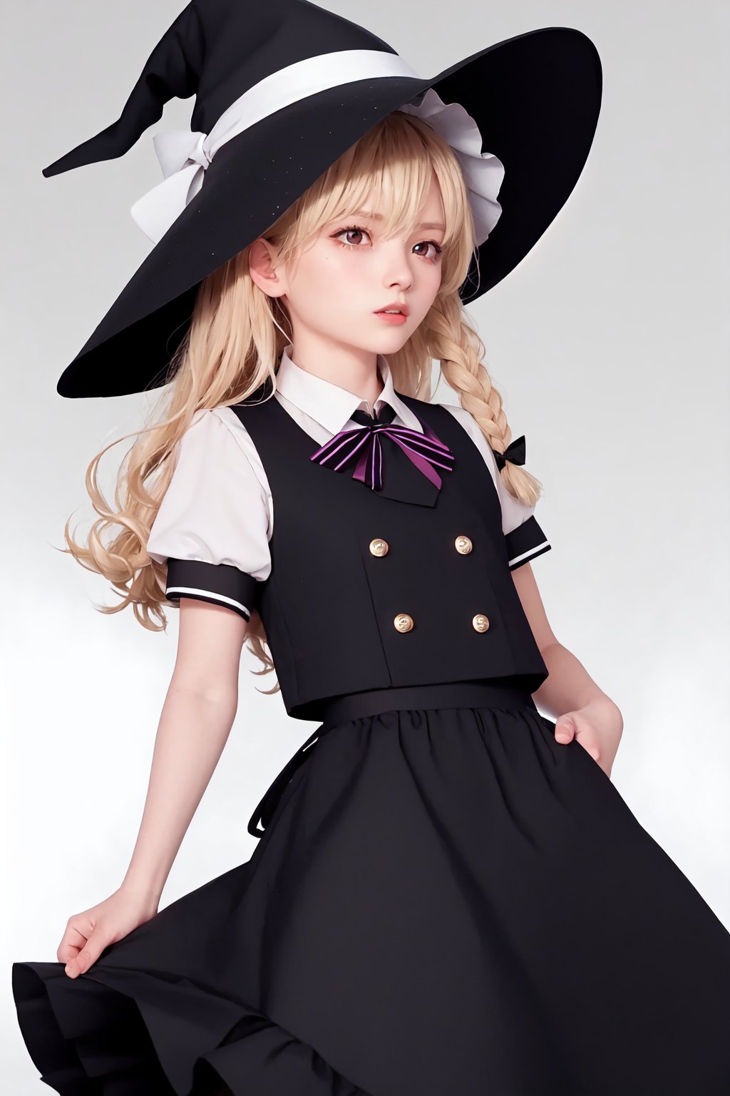 kirisame_marisa,witch_hat,waist_apron,puffy_short_sleeves,single_braid,hair_bow,black_skirt,frills,black_vest,white_shirt,black_headwear,solo,looking_at_viewer,hat_bow,blush,1girl,white_bow<lora:kirisame_marisa:1>,simple background,white backgroundmasterpiece,best quality, highly detailed, 