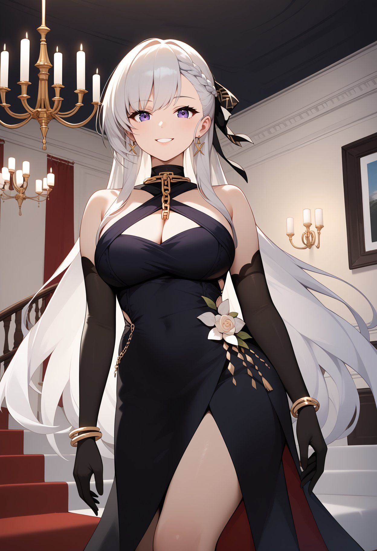 score_9, score_8_up, score_7_up, score_6_up, score_5_up, score_4_up, source_anime, aabelfast, long hair, french braid, hair ribbon, black ribbon, gold chain, cleavage, bare shoulders, halter dress, bracelet, elbow gloves, black gloves, <lora:belfast_(azur_lane)_ponyxl_1:0.9>, standing, cowboy shot, smile, indoors, chandelier, 