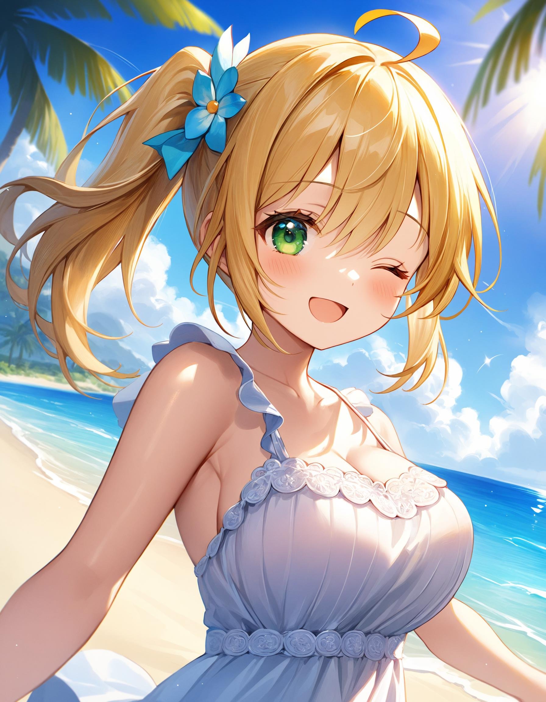 Upper body shot. Cinematic angle. A cute girl. (Cute round face:1.2). Detailed green eyes. (One eye closed:1.25). Medium hair, (side ponytail:1.1), blonde hair, ahoge and hair between eyes. Detailed slender body. Large breasts. White satin sundress. Happy expression. Dynamic pose. Looking at viewer. Fashionable beach. Palm tree. Blue sky. Clear sky. Daytime. Summer. (Sunbeam:1.4). Cute style. Intricate details. Extremely detailed. Outstanding intricacies. (Masterpiece:1.2). (Best quality:1.2). (Absurdres absolutely resolution:1.4).