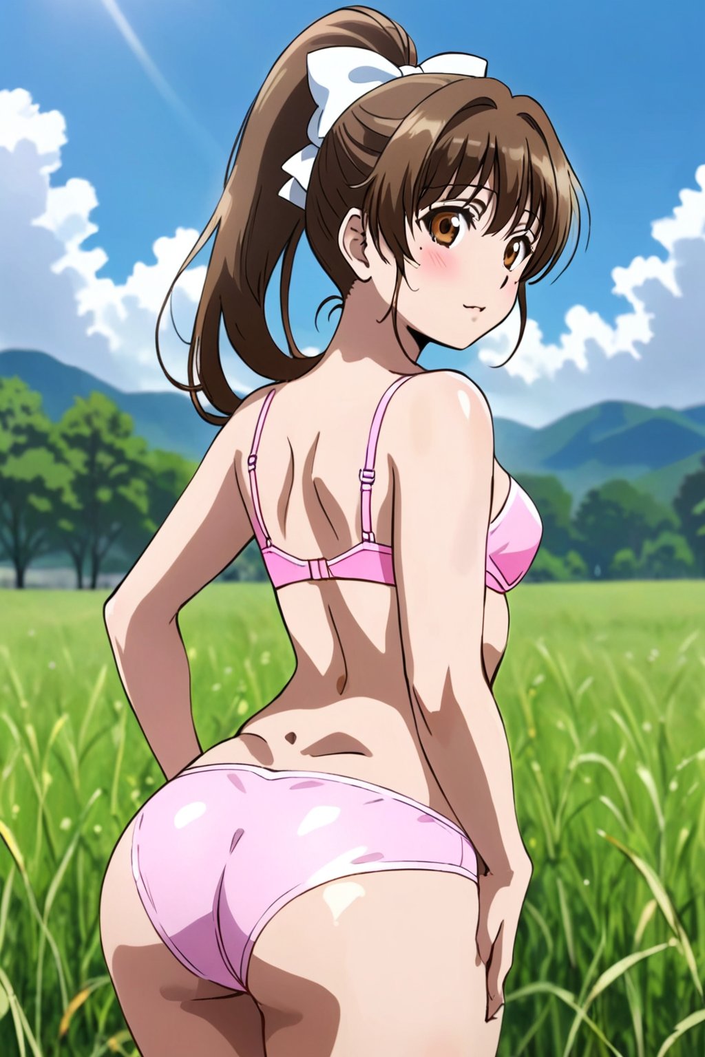 sunohara shizuka,1girl,solo, ponytail, hair bow, a lady standing in the field, highly detailed, sharp focus, masterpiece, 8k, ass, brown hair, brown eyes, underwear only, pink bra, pink panties,<lora:sunohara shizuka hent 729:1>