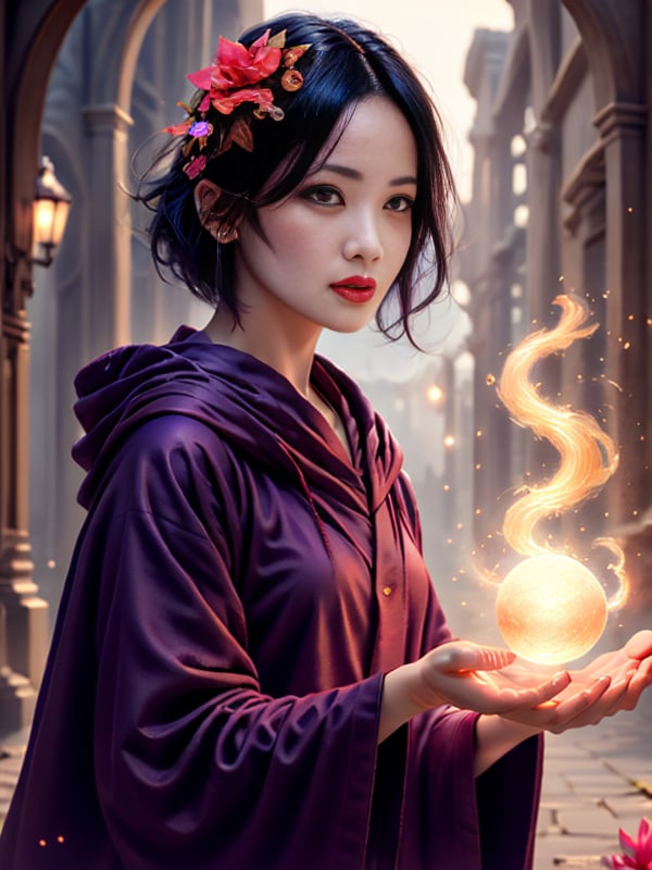 fantacyLightArt, 1girl, flower, hair ornament, hair flower, solo, black hair, short hair, purple eyes, looking at viewer, magic, parted lips, lips, wide sleeves, hood, robe, nose, hood down, realistic,<lora:SD1.5_fantacyLightArt:0.7>,