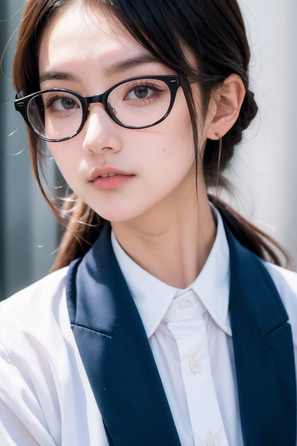 1girl, solo, white shirt, portrait, glasses,