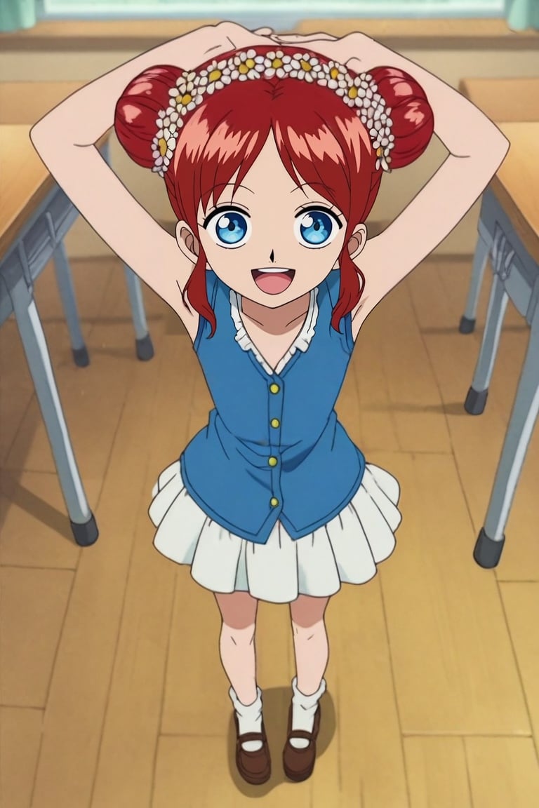 score_9, score_8_up, score_7_up, source_anime, anime screencap, rating_safe, , looking at viewer, depth of field, 1girl, Sapphire eyes, red hair, twin buns, flower crown,, solo, from above, full body, classroom, indoors, dark, arms above head, happy, <lora:one_piece_style_pony:1.08>, one_piece_style, , <lora:sdxl_lightning_8step_lora:1>