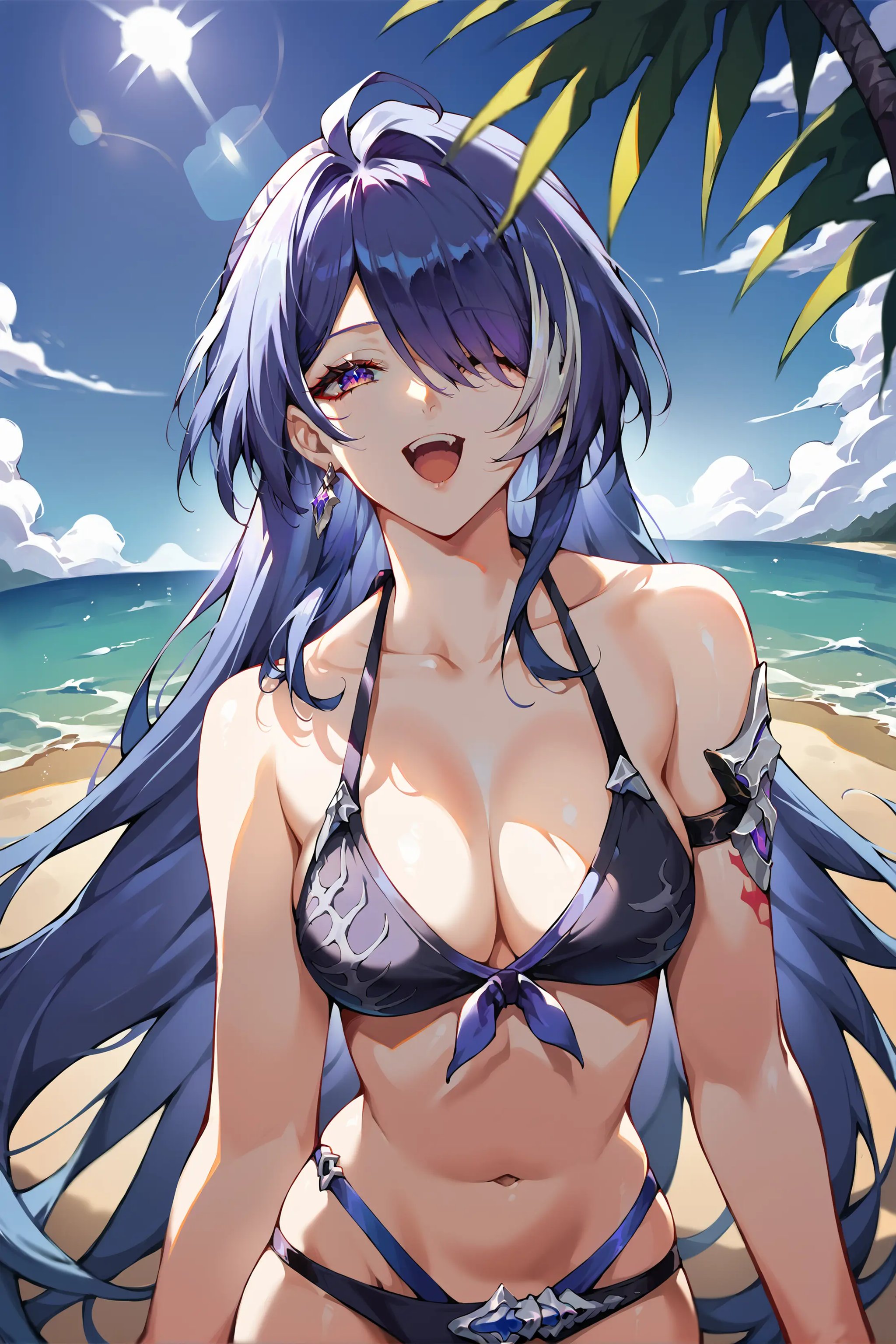 score_9, score_8_up, score_7_up, 1girl, acheron \(honkai: star rail\), bikini, cowboy shot, looking at viewer, beach, ocean, sunlight, blue sky, depth of field, laughing <lora:Char-HonkaiSR-Acheron-Pony-V1:0.9>  <lora:urushihara-lora04_PonyXL:0.7>