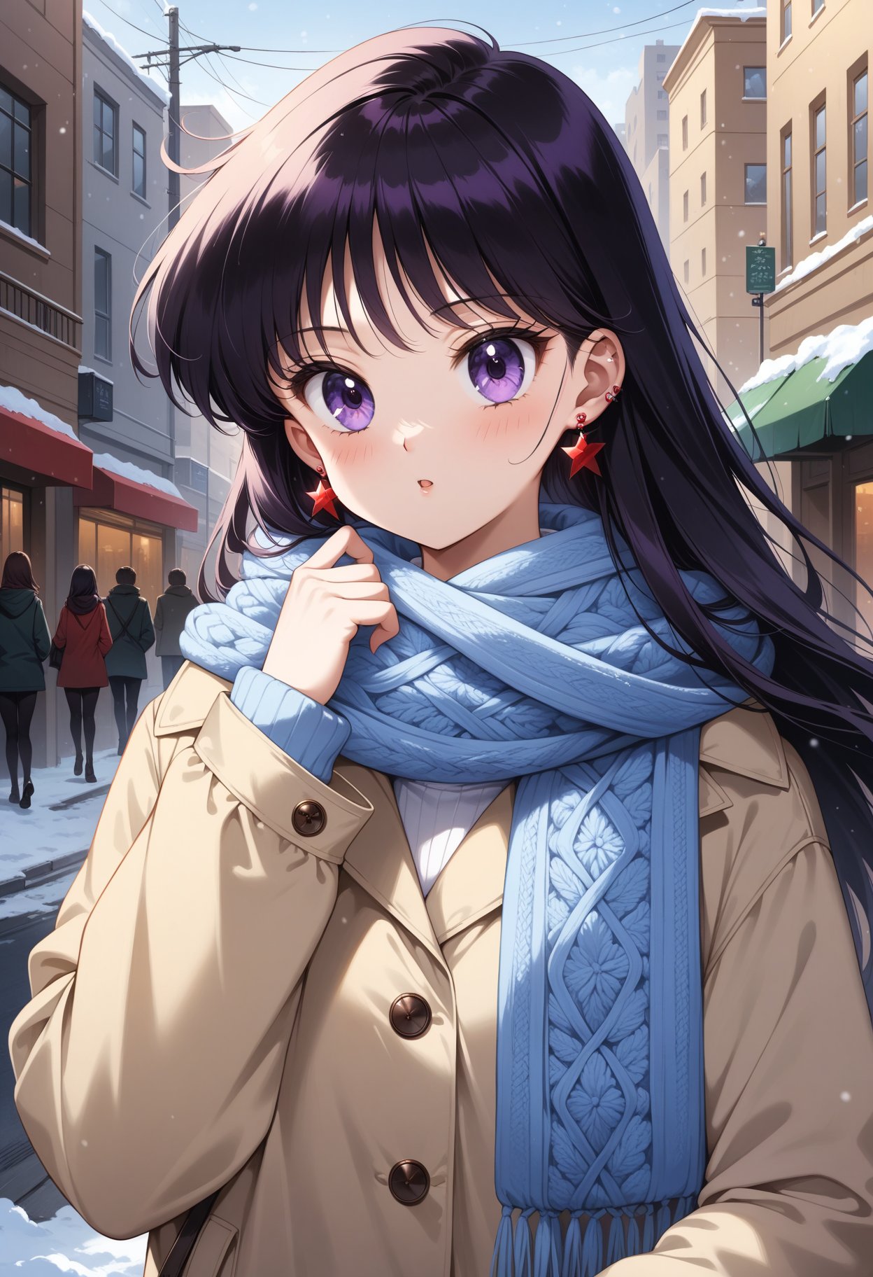 (masterpiece, best quality, very aesthetic, ultra detailed), intricate details, 4k, aamars, long hair, black hair, earrings, <lora:sailor_mars_animaginexl_v1:0.9>, street, winter clothes, scarf, snow, outdoors