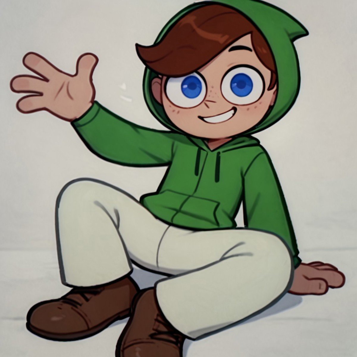 score_9, score_8_up, score_7_up BREAK FlcrDex, 1boy, brown hair, blue eyes, green hoodie, white pants, brown shoes, smiling at viewer,