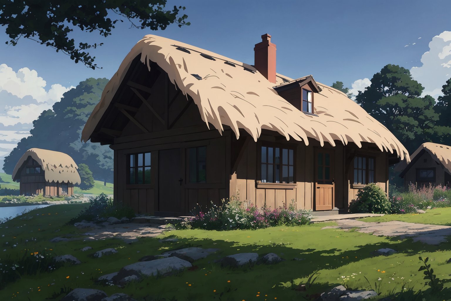 view of cottage on a natural landscape, Ghibli studio style,<lora:GhibliStyleLora2ndsetno10:1>