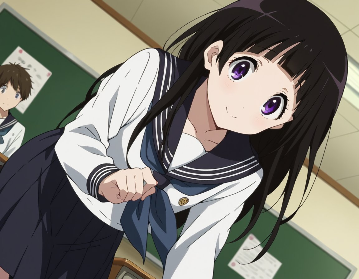 score_9, score_8_up, score_7_up, source_anime,eruchitanda, <lora:eru-chitanda-s1-ponyxl-lora-nochekaiser:1>,eru chitanda, long hair, black hair, bangs, blunt bangs, purple eyes, sidelocks,skirt, school uniform, serafuku, kamiyama high school uniform \(hyouka\), black skirt, long sleeves, black sailor collar,indoors, classroom, bent over, smile,looking at viewer, cowboy shot, dutch angle,