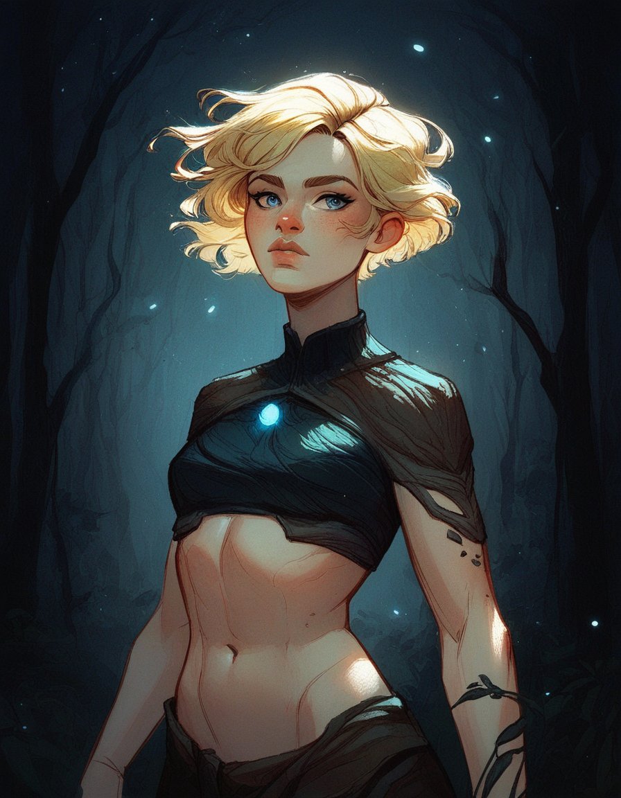 score_9, score_8_up, score_7_up, source_anime BREAK 1girl, cowboy shot, navel, crop top, short hair, blonde hair, blue eyes,  <lora:sabug_glazed-000070:1>, dark background, forest