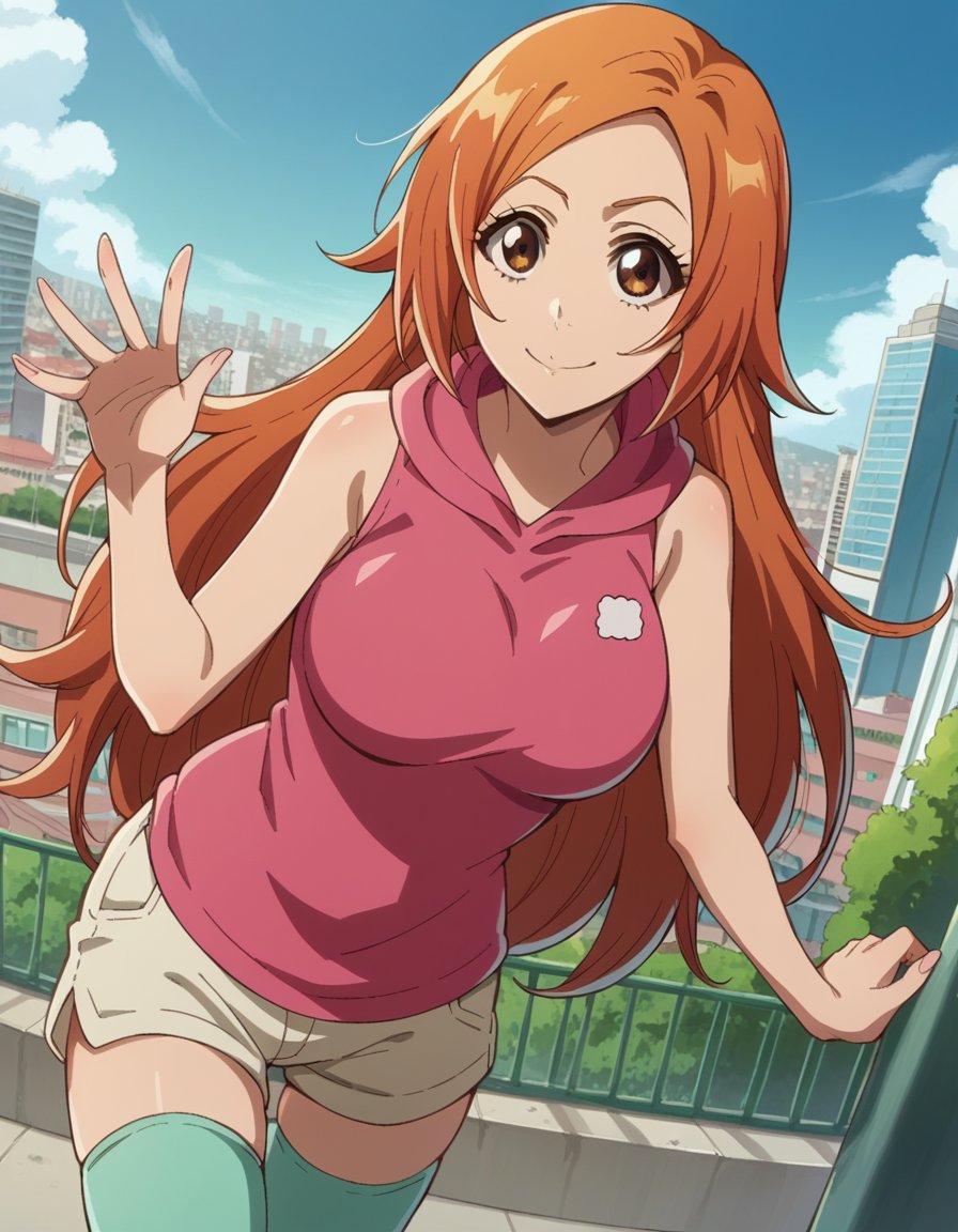 score_9, score_8_up, score_7_up, source_anime,inoueorihime, <lora:inoue-orihime-tybw-ponyxl-lora-nochekaiser:1>,inoue orihime, long hair, orange hair, brown eyes,thighhighs, shorts, sleeveless, hood, hoodie, pink hoodie,outdoors, cityscape, bent over, smile,looking at viewer, cowboy shot, dutch angle, solo,