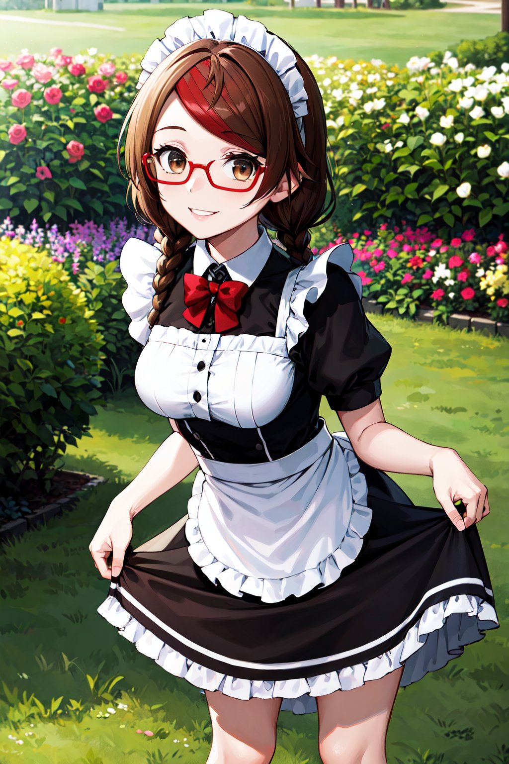 masterpiece, best quality, highres, aamisaki, twin braids, multicolored hair, brown eyes, red-framed eyewear, <lora:sakimiya_misaki_v1:0.7>, maid, maid headdress, garden, skirt hold, smile, standing