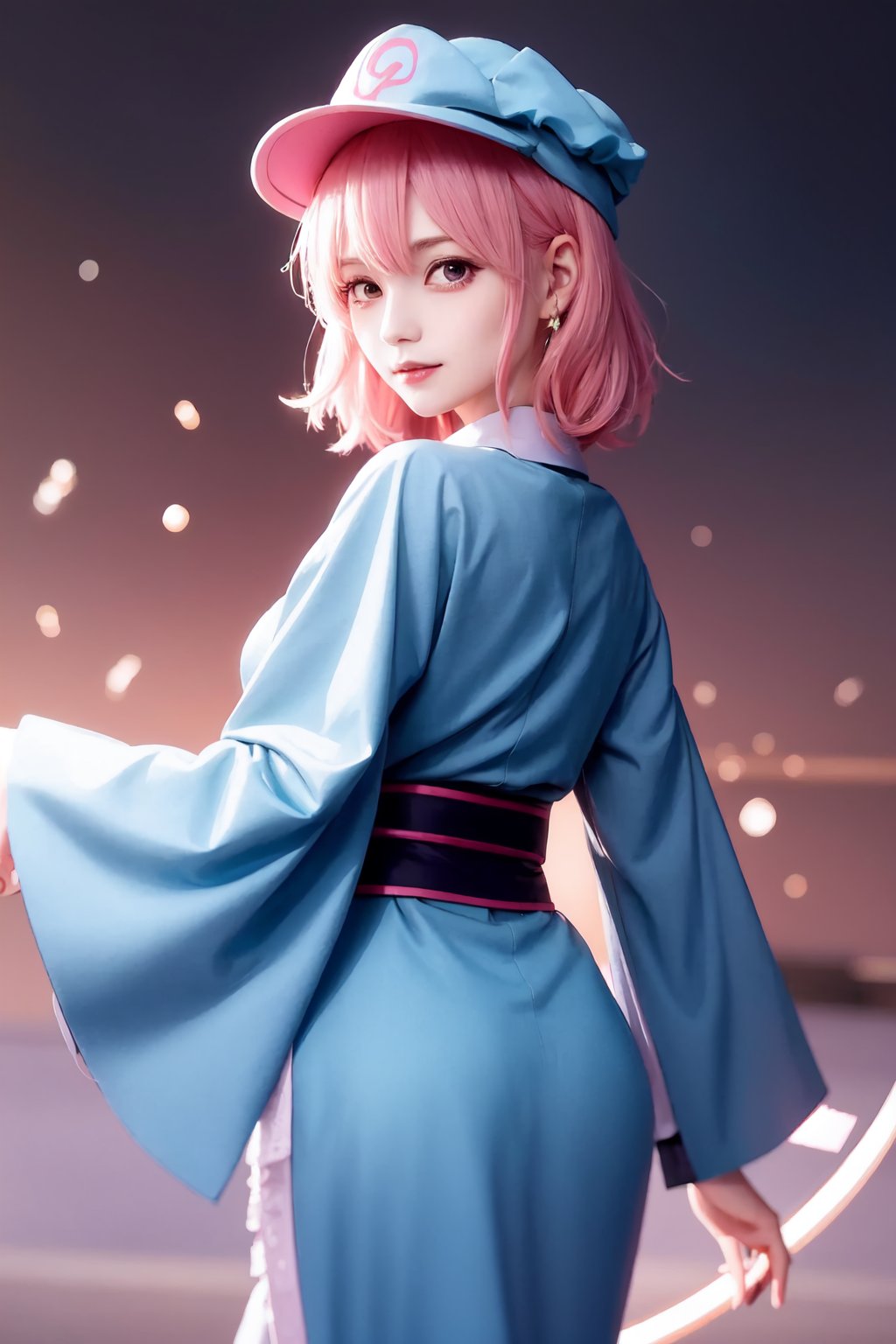 saigyouji_yuyuko,1girl,solo,mob_cap,triangular_headpiece,long_sleeves,blue_headwear,blue_kimono,wide_sleeves,blush,looking_at_viewer,smile<lora:saigyouji_yuyuko:1>,simple background,white backgroundmasterpiece,best quality, highly detailed, 